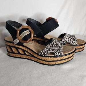 Rieker Leopard Print Wedge Platform Sandals Black Straps Buckle Closure Women